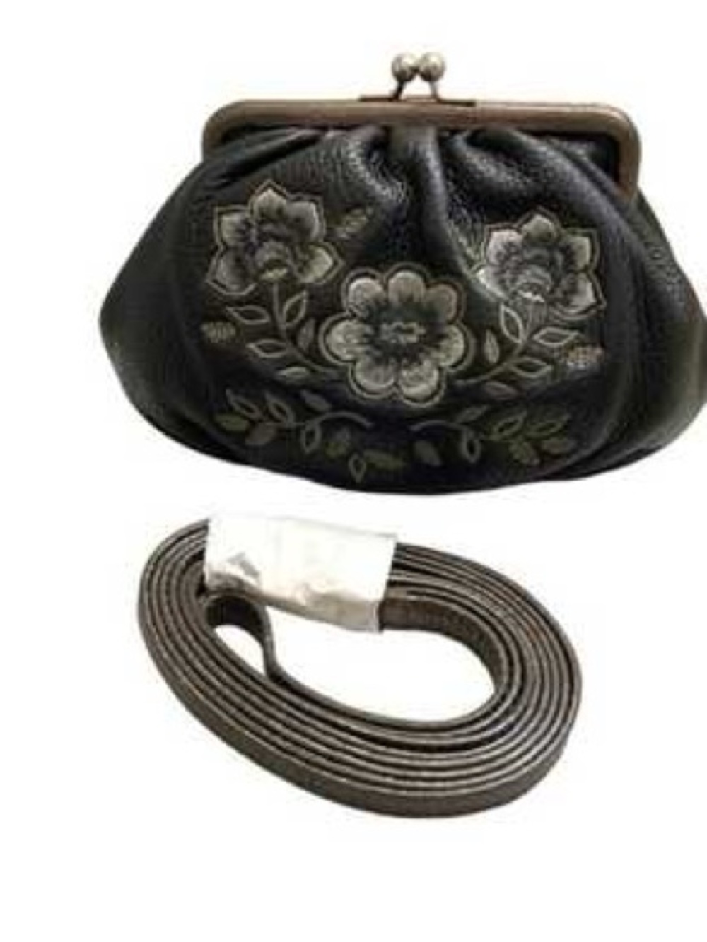 Brighton Black Floral Embroidered Kiss-Lock Clutch with Detachable Strap